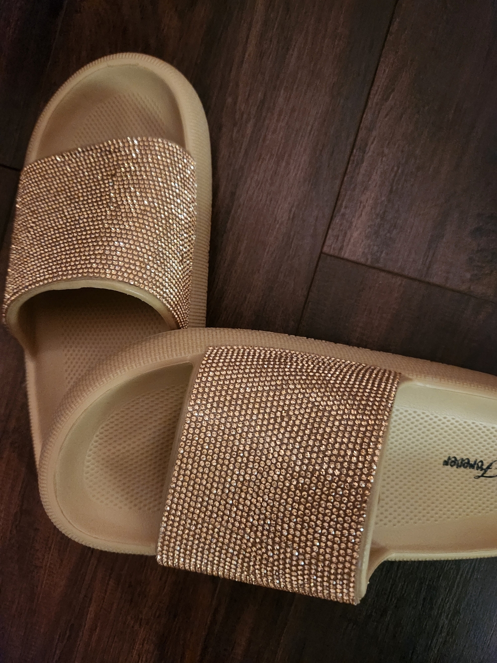 Sparkling Gold Slide Sandals - Women's Rhinestone Pool Slides